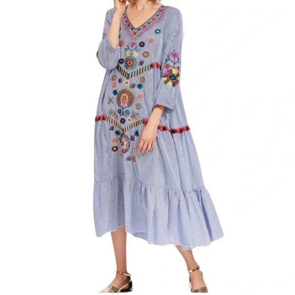 Stellah | Dresses | Stellah Anthropologie Striped Multicolor Floral  Embroidered Midi Dress Size Xs | Poshmark